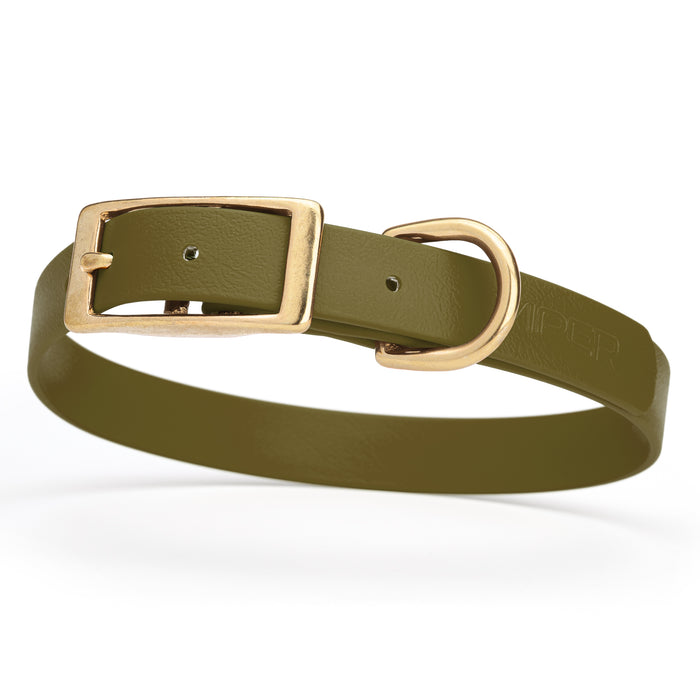 Olive Drab Green dog collar with brass buckle and D-ring, made from waterproof Biothane, medium