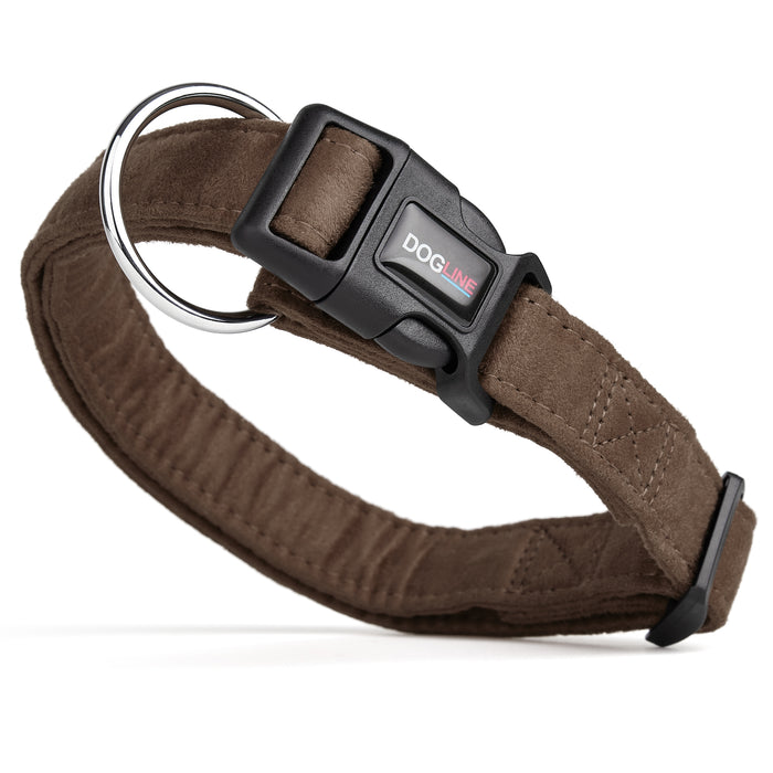 Brown microfiber dog collar with quick release buckle, 3/4- and 1-inch wide