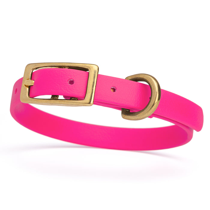 Passionfruit Pink dog collar with brass buckle and D-ring, made from waterproof Biothane,  x-small