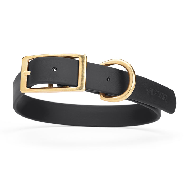 Black dog collar with brass buckle and D-ring, made from waterproof Biothane, X-large