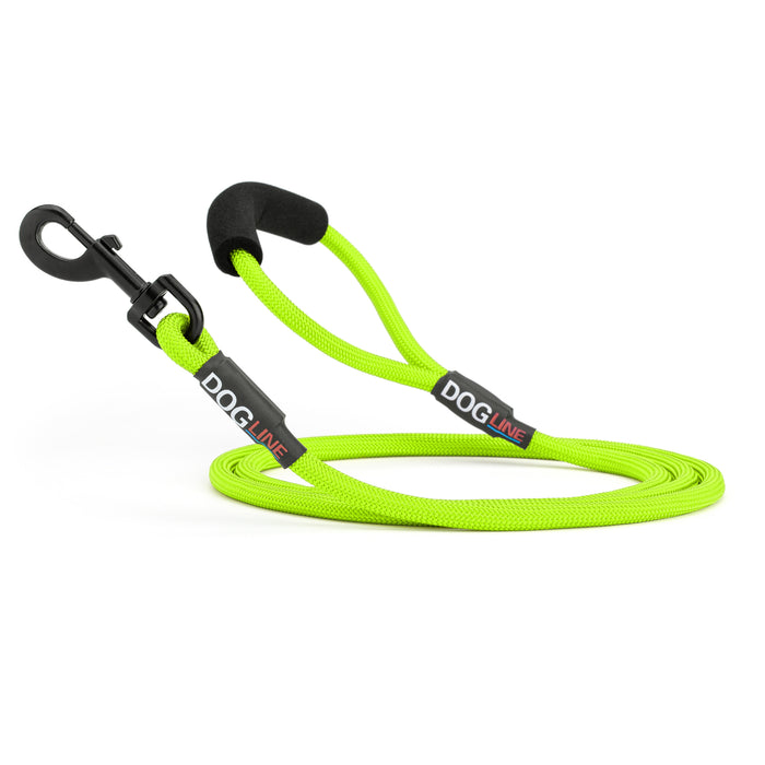 6 feet lime green nylon dog leash with neoprene padded handle and black snap hook
