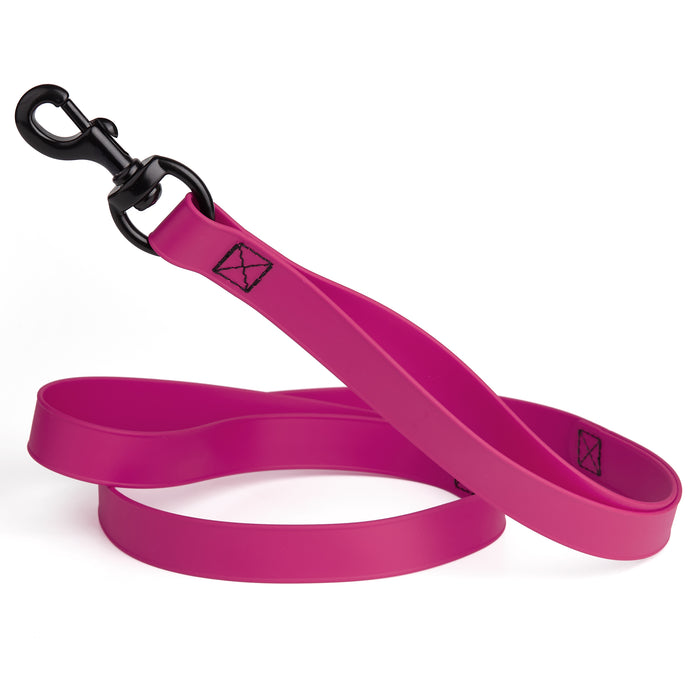 Magenta Pink multi-handle dog leash with black snap hook, made from waterproof Biothane