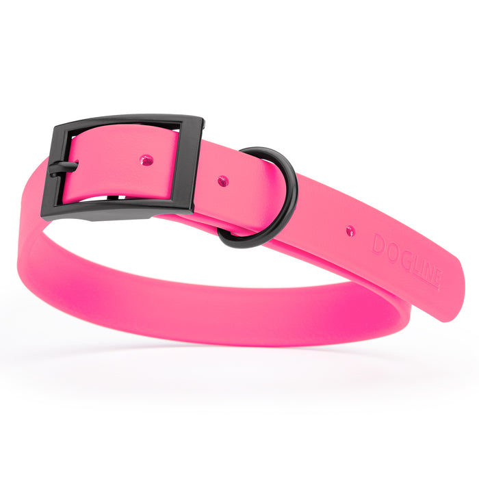 Passionfruit Pink dog collar with black hardware, made from waterproof Biothane, large