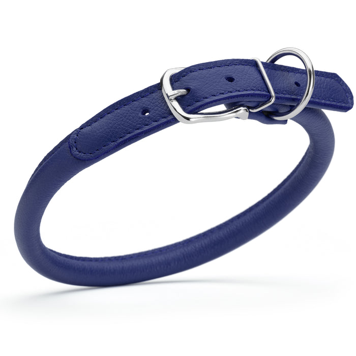 Blue leather dog collar with metal buckle, size L to XL