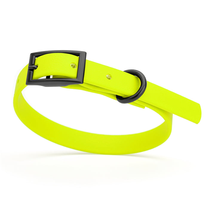 Safety Yellow dog collar with black hardware, made from waterproof Biothane