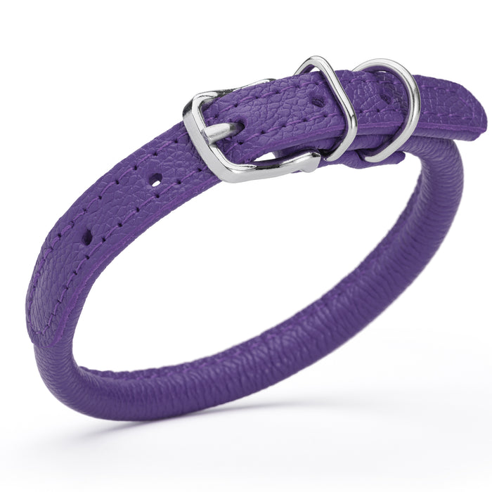 Purple leather dog collar with metal buckle, size XS to S
