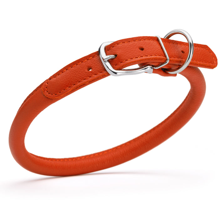Orange leather dog collar with metal buckle, size L to XL