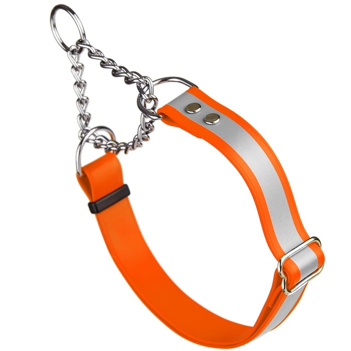 Orange martingale dog collar with reflective strip and Herm Sprenger assembly chain, made from waterproof Biothane