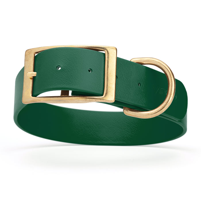 Hunter Green dog collar with brass buckle and D-ring, made from waterproof Biothane, 1.5 in wide, X-large