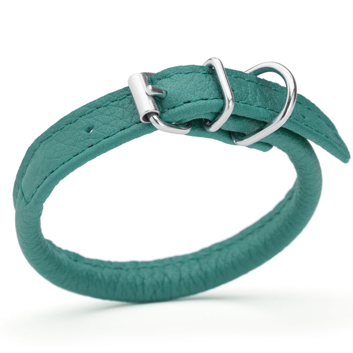 Teal leather dog collar with metal buckle, size 3XS to 2XS
