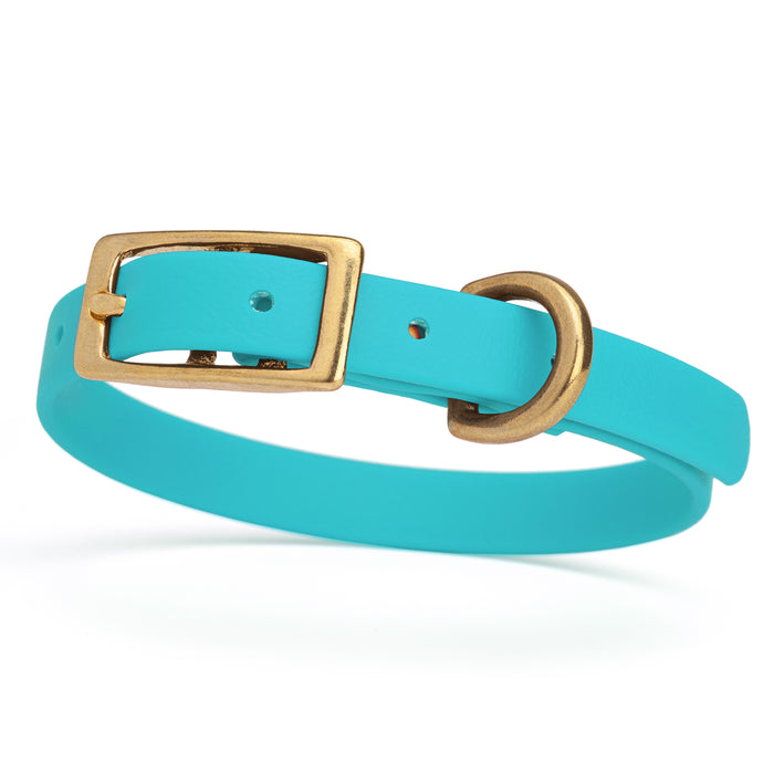 Sky blue dog collar with brass buckle and D-ring, made from waterproof Biothane,  x-small