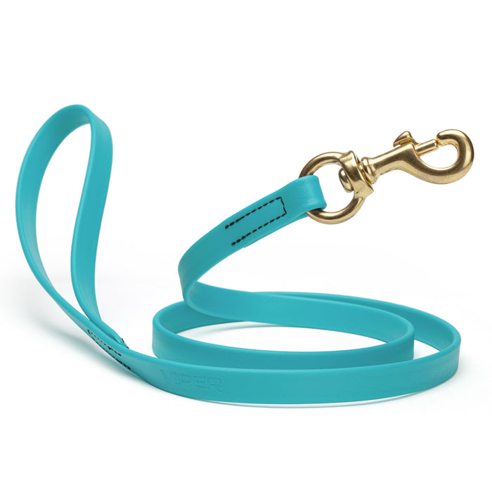 Sky blue dog leash with brass snap hook, made from waterproof Biothane, 5/8 or 3/4 inches wide