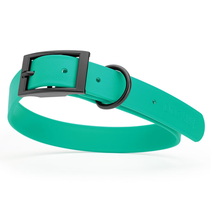 Teal dog collar with black hardware, made from waterproof Biothane, large