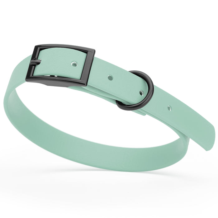 Sage Green dog collar with black hardware, made from waterproof Biothane, small