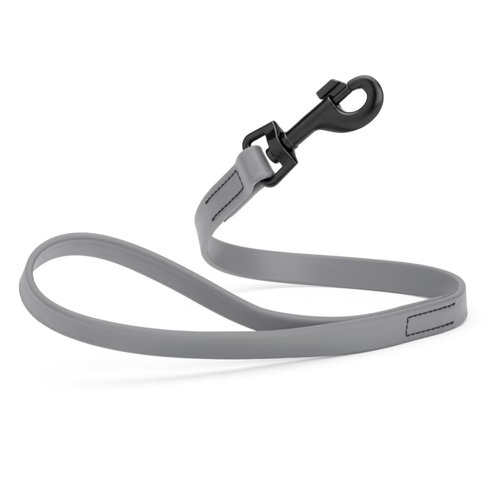 Battleship Gray 2 ft short dog leash with black snap hook, made from waterproof Biothane, 3/4 inches wide