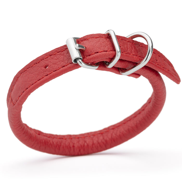 Red leather dog collar with metal buckle, size 3XS to 2XS
