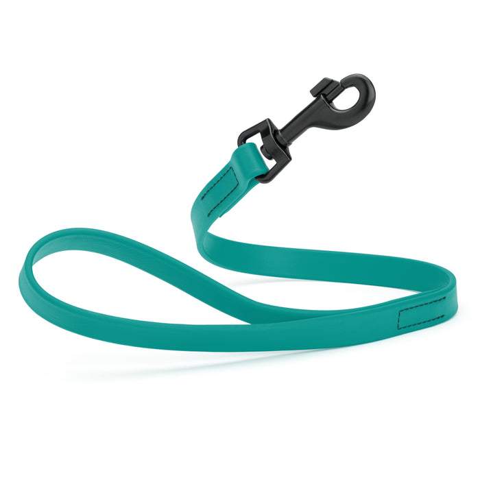 Aqua blue 2 ft short dog leash with black snap hook, made from waterproof Biothane, 3/4 inches wide
