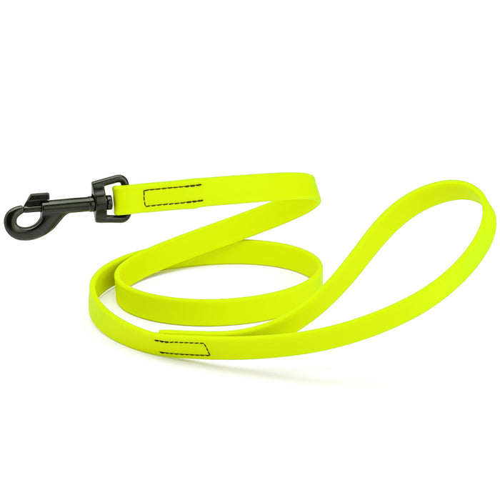Safety Yellow dog leash with black snap hook, made from waterproof Biothane, 3/4 or 5/8 inches wide