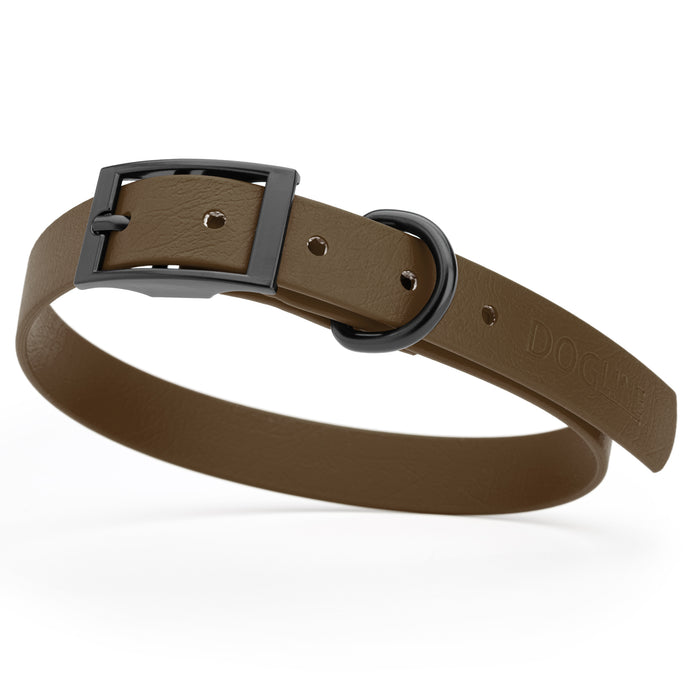 Dark Chocolate Brown dog collar with black hardware, made from waterproof Biothane, medium