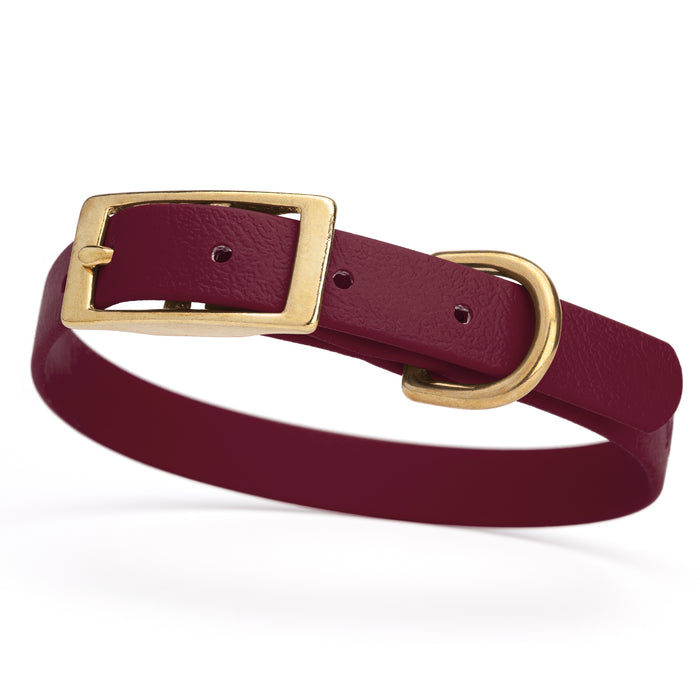 Merlot Burgundy dog collar with brass buckle and D-ring, made from waterproof Biothane, small