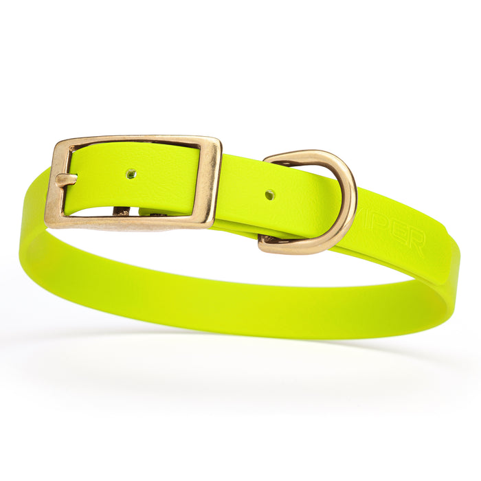 Safety Yellow dog collar with brass buckle and D-ring, made from waterproof Biothane, medium
