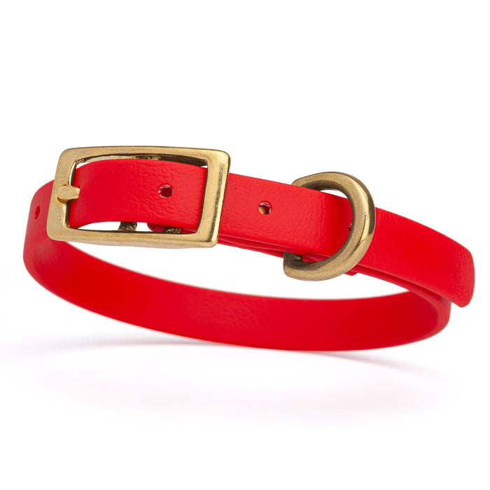 Cherry red dog collar with brass buckle and D-ring, made from waterproof Biothane,  x-small