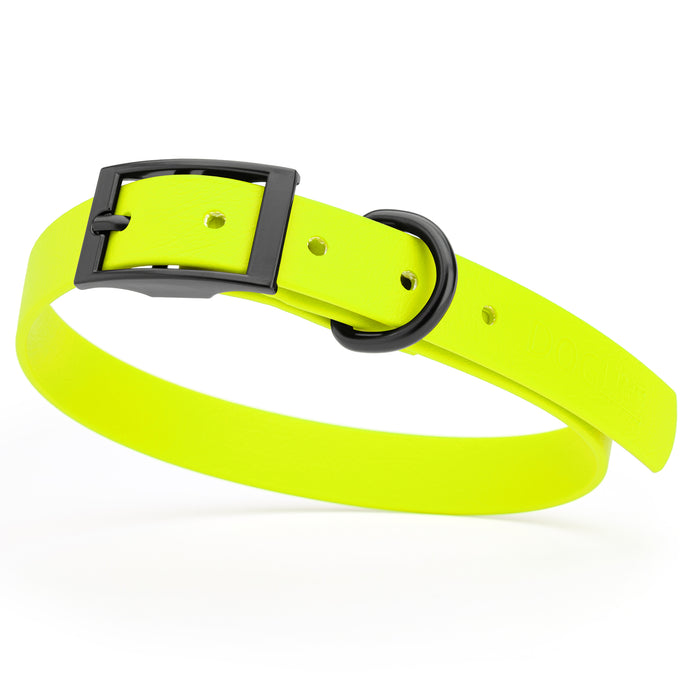 Safety Yellow dog collar with black hardware, made from waterproof Biothane, medium