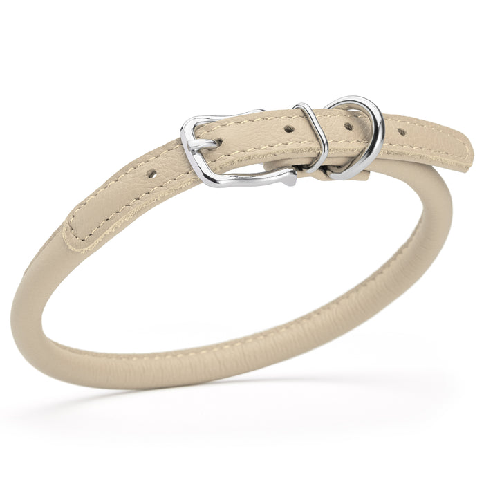 Beige leather dog collar with metal buckle, size M
