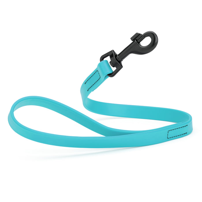 Sky Blue 2 ft short dog leash with black snap hook, made from waterproof Biothane, 3/4 inches wide