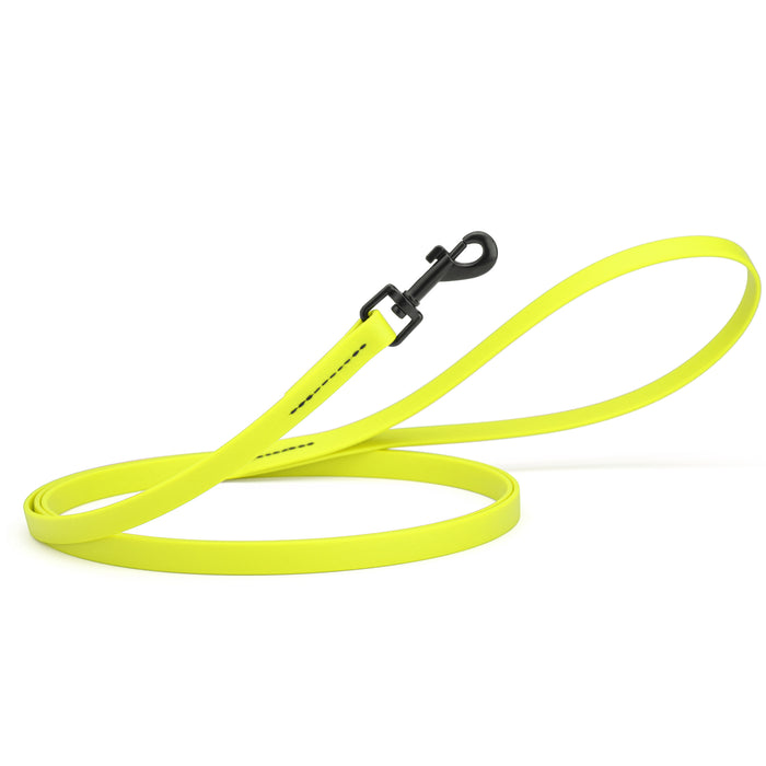 Safety Yellow dog leash with black snap hook, made from waterproof Biothane, 1/2 inches wide