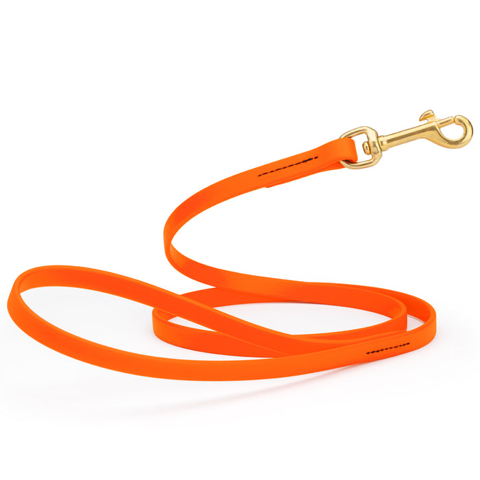Hunter Orange dog leash with brass snap hook, made from waterproof Biothane, 1/2 inches wide
