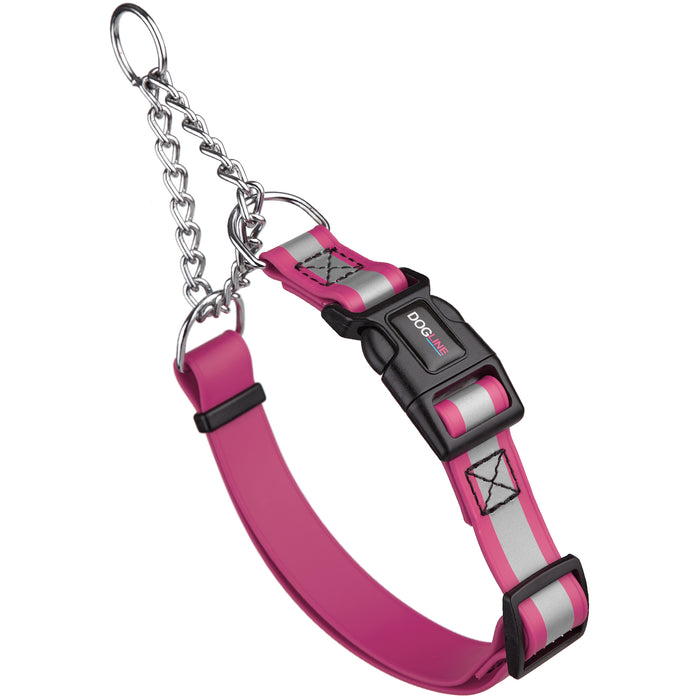 Pink martingale dog collar with reflective strip and quick release buckle, made from waterproof Biothane