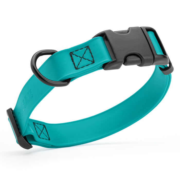 Teal dog collar with quick release buckle, made from waterproof Biothane, 5/8-inch wide