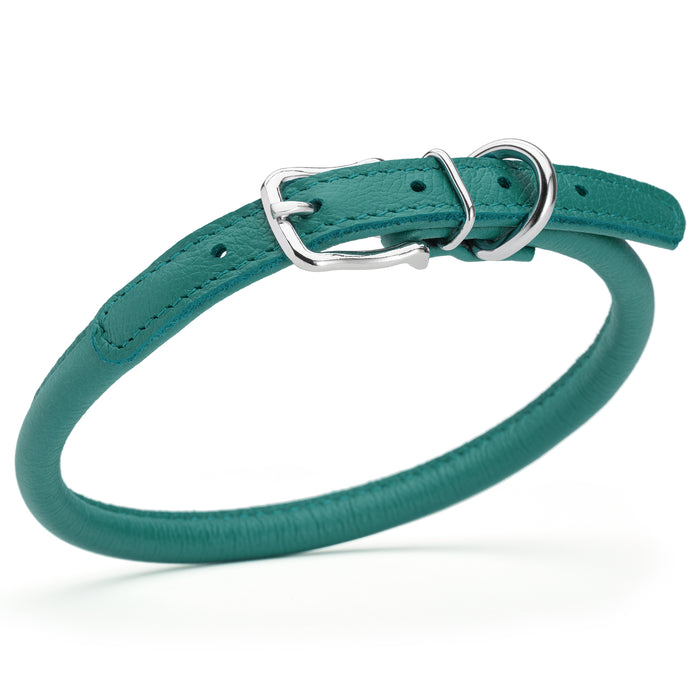Teal leather dog collar with metal buckle, size M