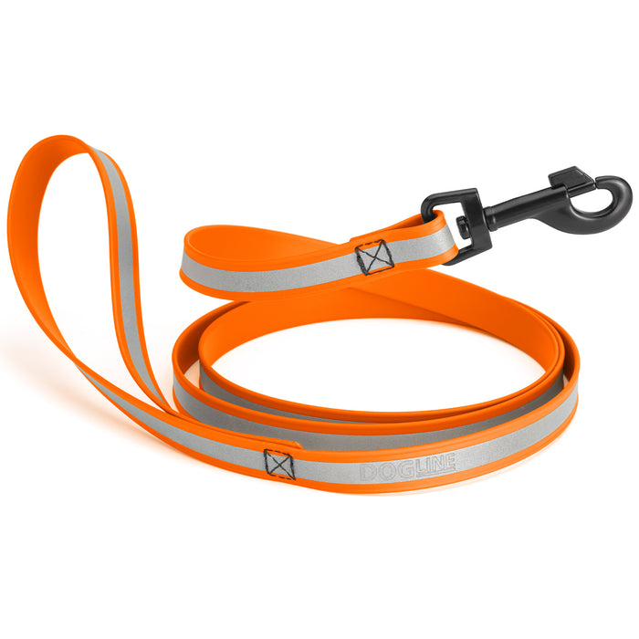 Orange reflective dog leash with black snap hook and wide reflective strip, made from waterproof Biothane