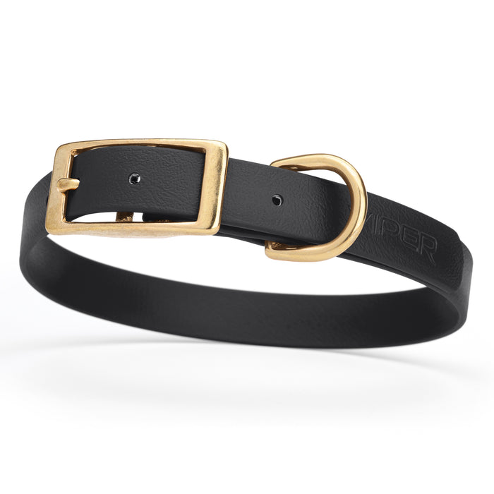 Black dog collar with brass buckle and D-ring, made from waterproof Biothane, medium