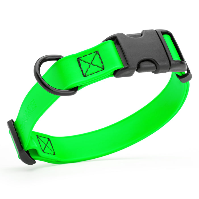 Tropical Green dog collar with quick release buckle, made from waterproof Biothane, 5/8-inch wide