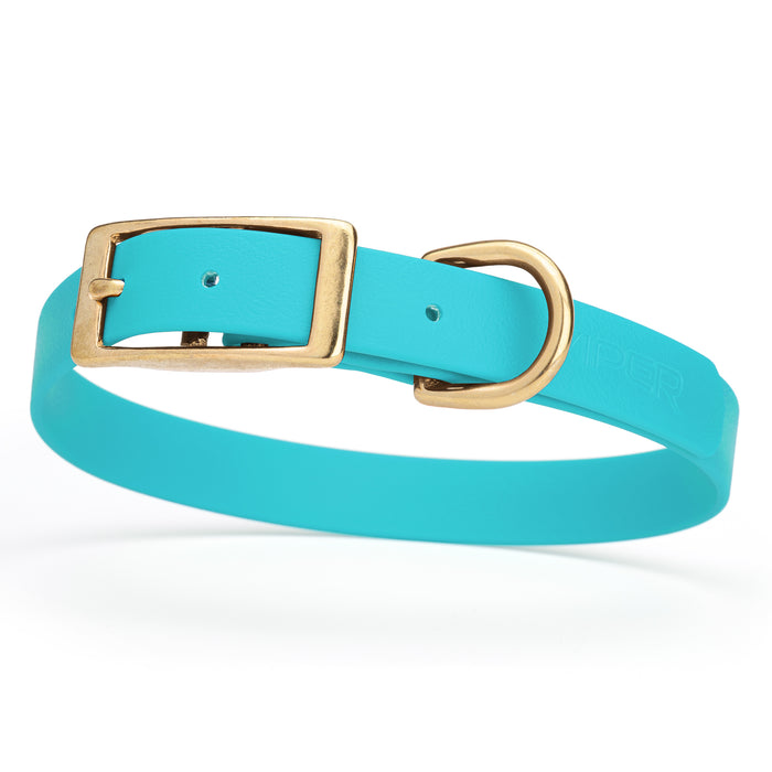 Sky blue dog collar with brass buckle and D-ring, made from waterproof Biothane, medium