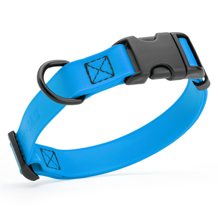 Cerulean Blue dog collar with quick release buckle, made from waterproof Biothane, 5/8-inch wide