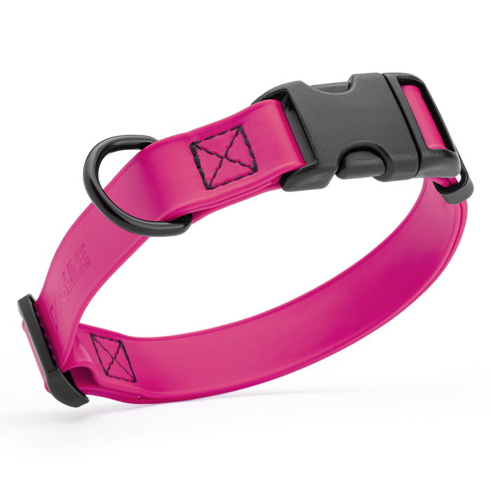 Magenta Pink dog collar with quick release buckle, made from waterproof Biothane, 5/8-inch wide