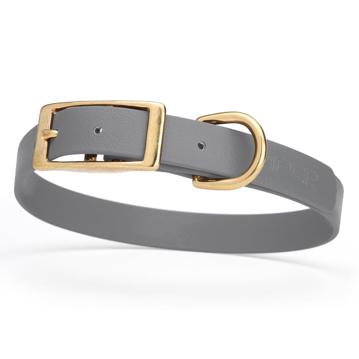 Battleship Gray dog collar with brass buckle and D-ring, made from waterproof Biothane, medium