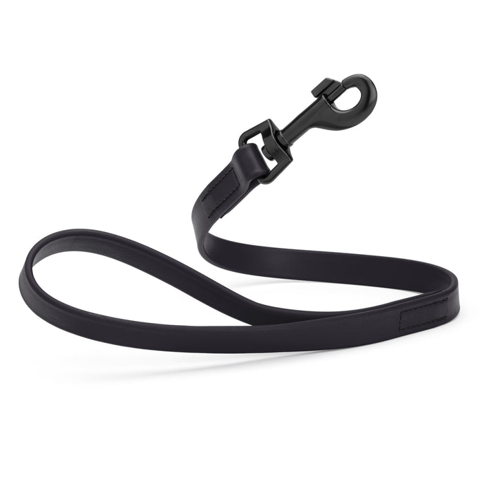 Black 2 ft short dog leash with black snap hook, made from waterproof Biothane, 3/4 inches wide