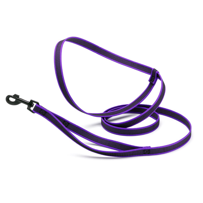 Purple rubberized nylon dog leash with traffic handle and adjustable hands-free handle, black hardware