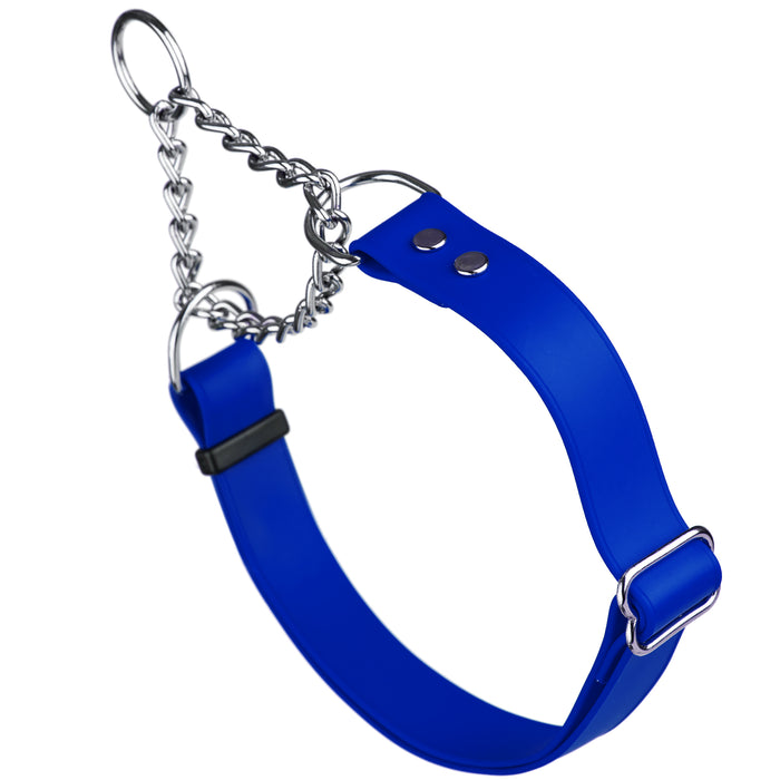 Blueberry adjustable martingale dog collar with Herm Sprenger assembly chain, made from waterproof Biothane
