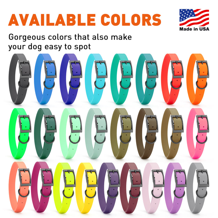 Biothane waterproof collars for dogs with black hardware, size L, from 18 to 22 inches long, 25 colors available