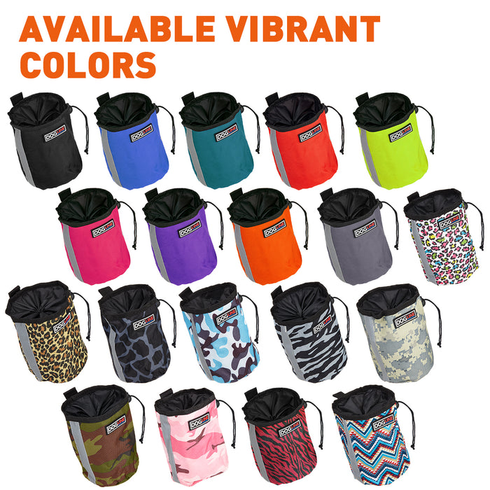 Dog training treat pouch with waste bag pocket, a drawstring and reflective strip, 19 colors available