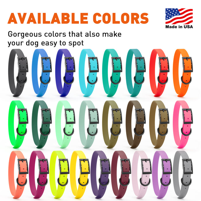 Biothane waterproof collars for dogs with black hardware, size M, from 15 to 18 inches long, 25 colors available