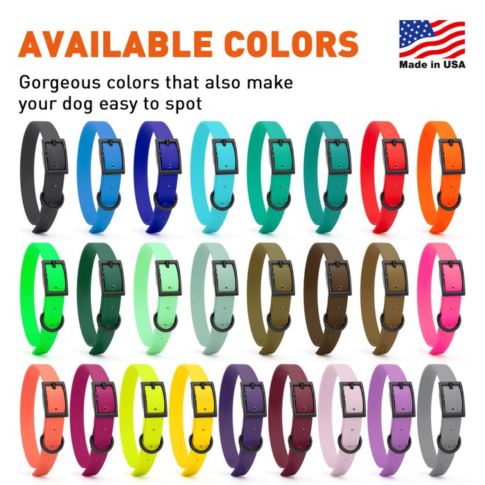Biothane waterproof collars for dogs with black hardware, size S, from 12 to 15 inches long, 25 colors available