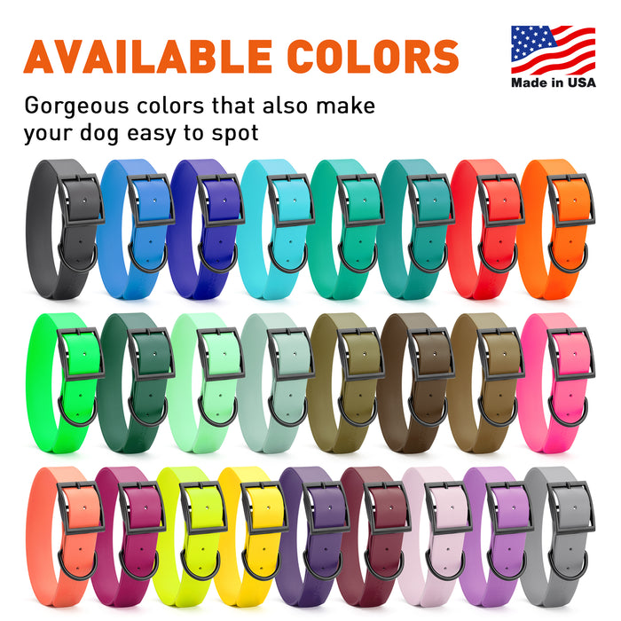 Biothane waterproof collars for dogs with black hardware, size XL, from 20 to 24 inches long, 1.5 inches wide, 25 colors available