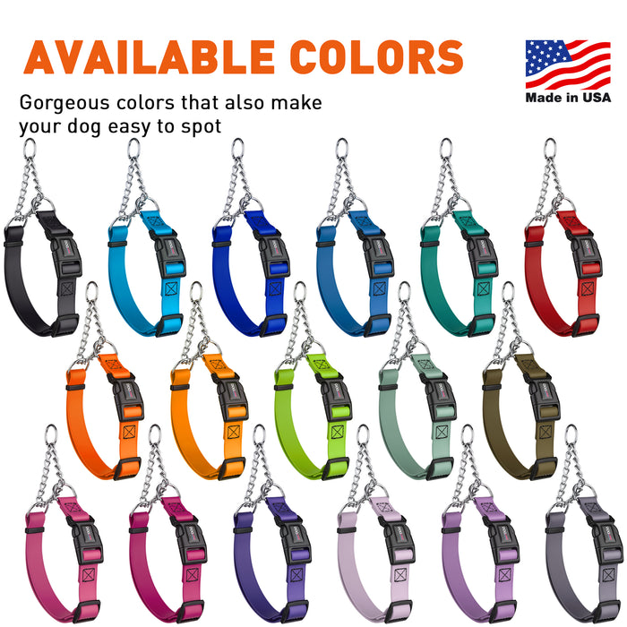 Biothane adjustable martingale collars for dogs with quick release buckle and Herm Sprenger assembly chain, waterproof and smell-proof, 17 different colors